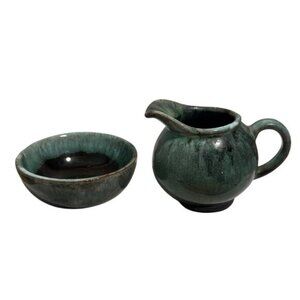 Creamer  Sugar Bowl Set Handcrafted Ceramic Green Glaze MCM Small